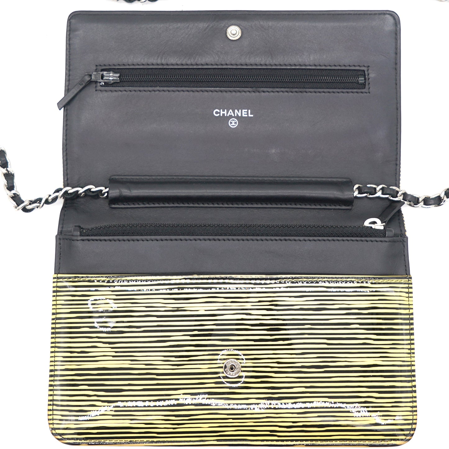 Chanel Yellow and Black Patent Calfskin Striped Wallet on Chain