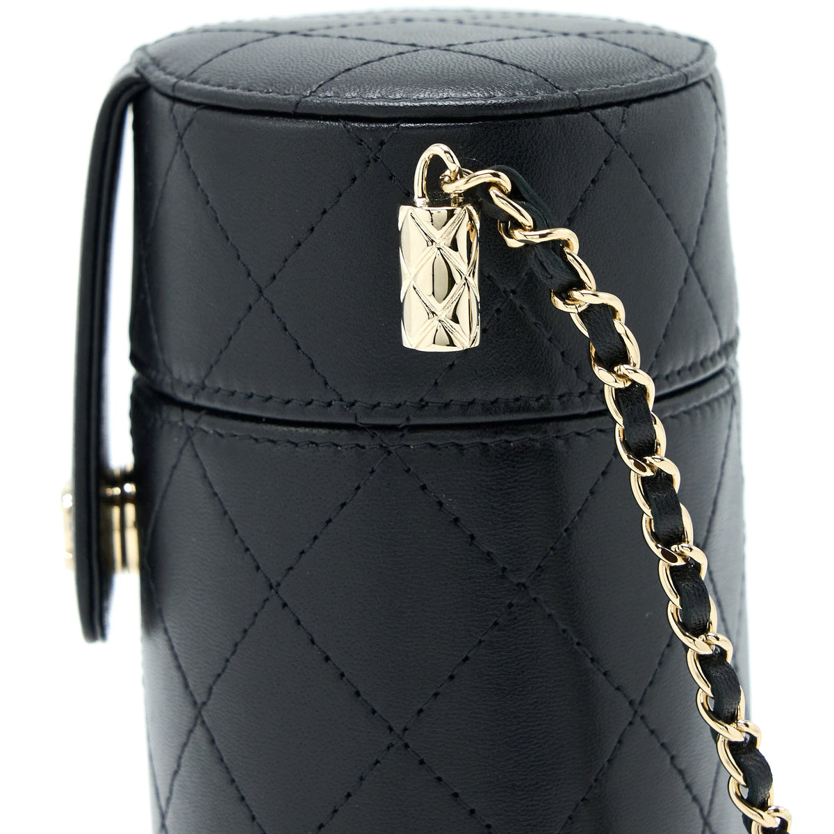 Chanel Round Vanity Case With Chain Lambskin Black LGHW