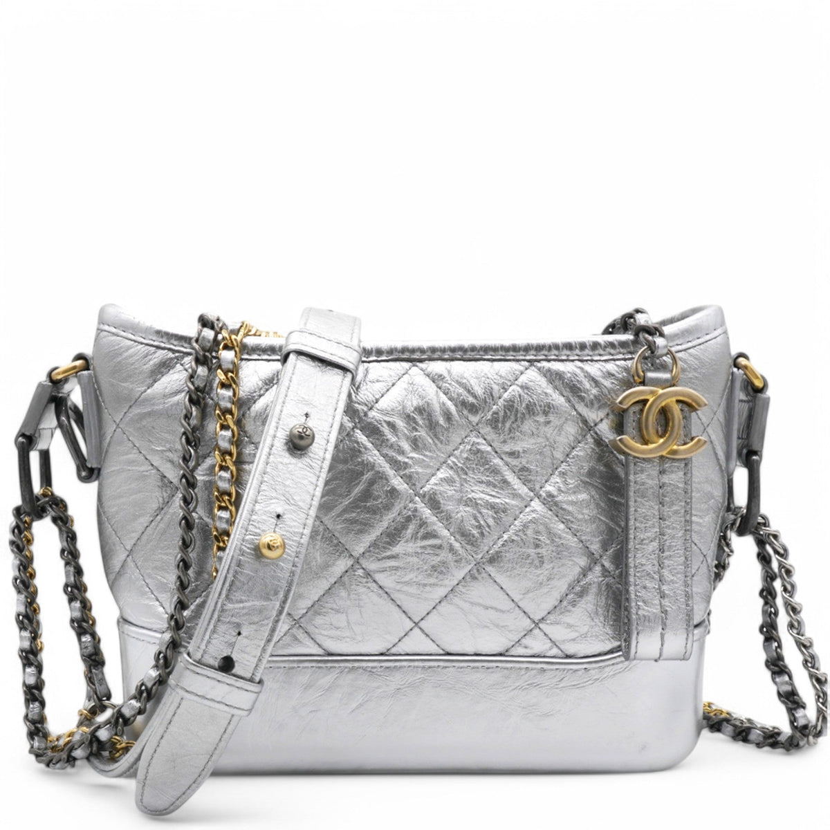 Chanel Metallic Aged Quilted Gabrielle Hobo Silver Small