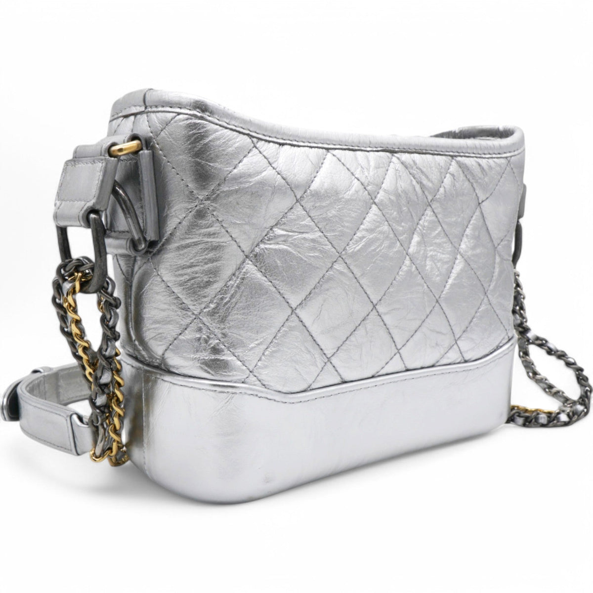 Chanel Metallic Aged Quilted Gabrielle Hobo Silver Small