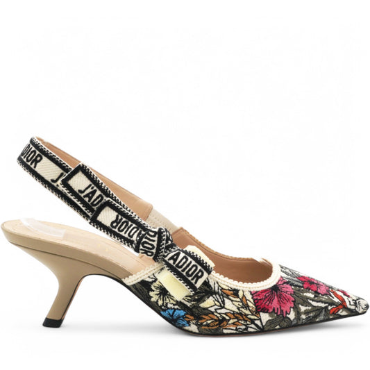 Dior Multicolor Floral Embroidered Canvas J'adior Slingback Pumps Size36.5