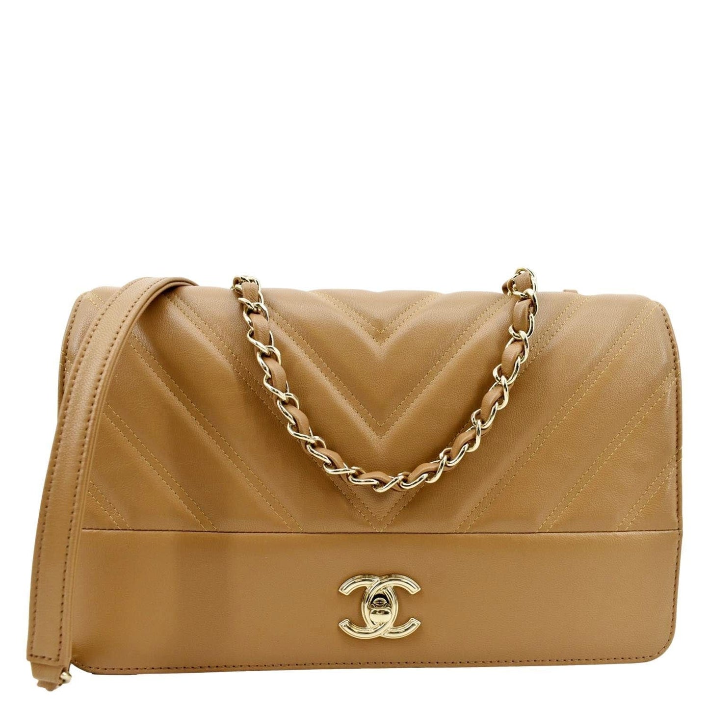 CHANEL Statement Mini Flap Quilted Chevron Leather Crossbody Bag Camel