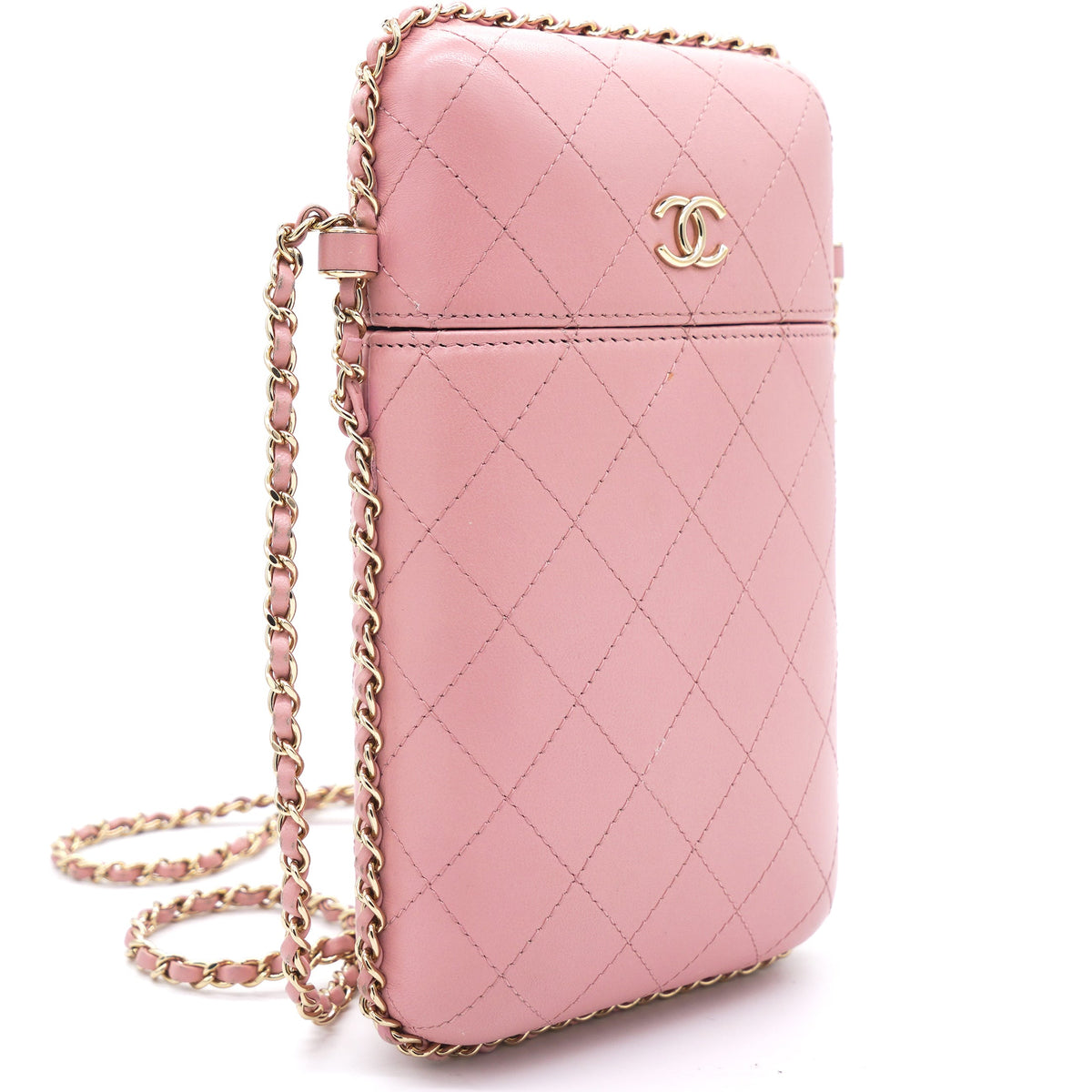 Chanel Lambskin Quilted Chain Around Phone Holder Pink