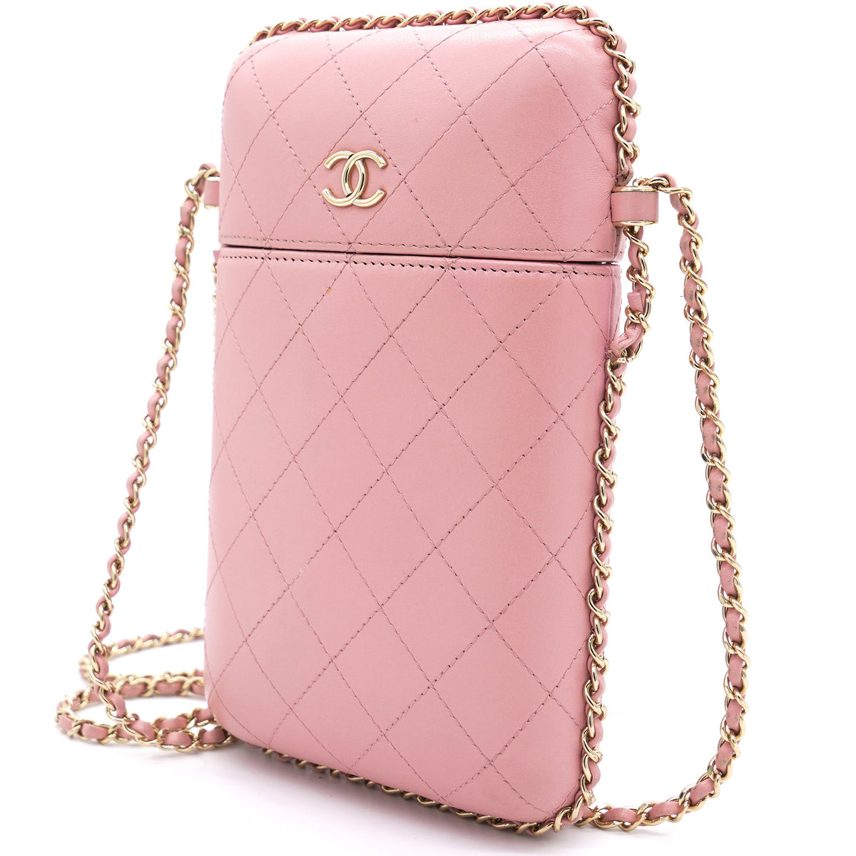 Chanel Lambskin Quilted Chain Around Phone Holder Pink