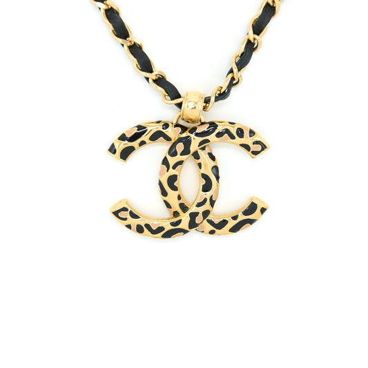 Chanel Giant CC Logo Necklace Leather Chain Multicolour Light Gold Tone
