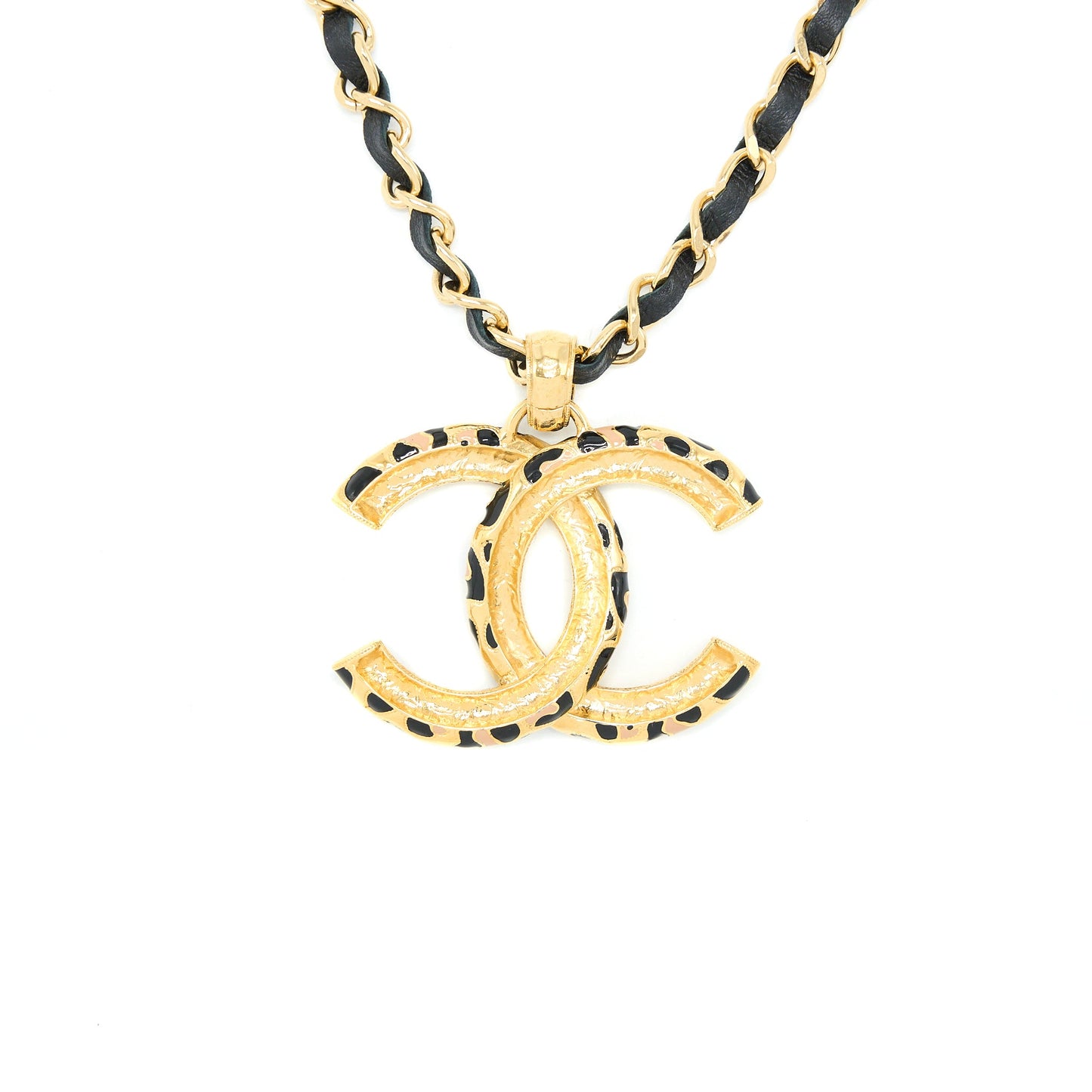 Chanel Giant CC Logo Necklace Leather Chain Multicolour Light Gold Tone