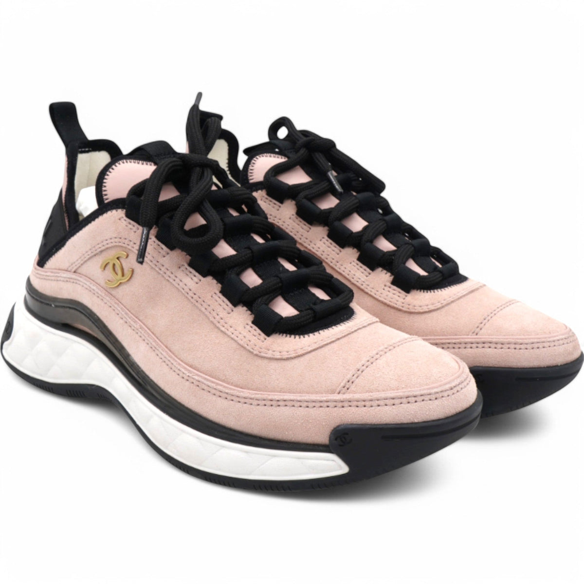 Chanel Suede Nylon Grosgrain CC Sneakers Light Pink Size35.5