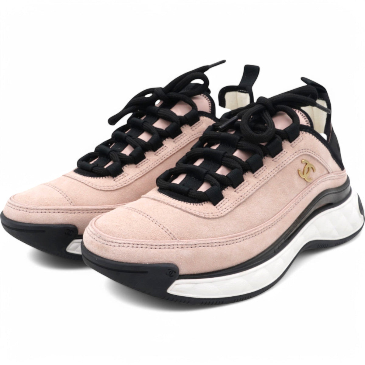 Chanel Suede Nylon Grosgrain CC Sneakers Light Pink Size35.5