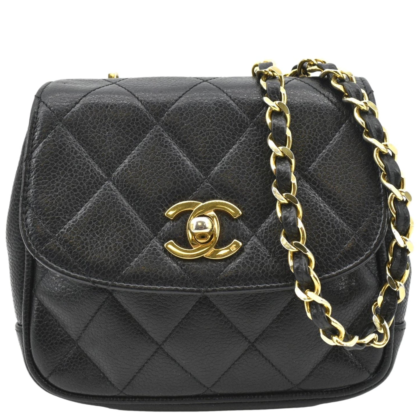 CHANEL Round Flap Vintage Quilted Caviar Leather Crossbody Bag Black