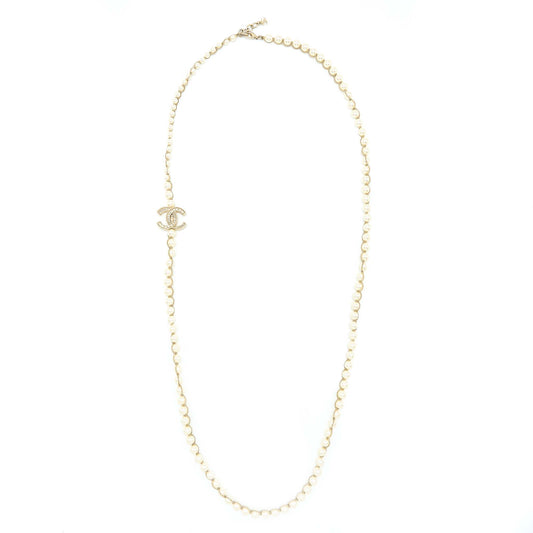 Chanel CC Logo Long Necklace Pearl Brushed Light Gold Tone