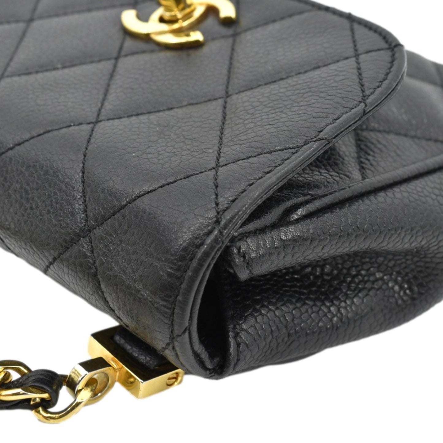 CHANEL Round Flap Vintage Quilted Caviar Leather Crossbody Bag Black