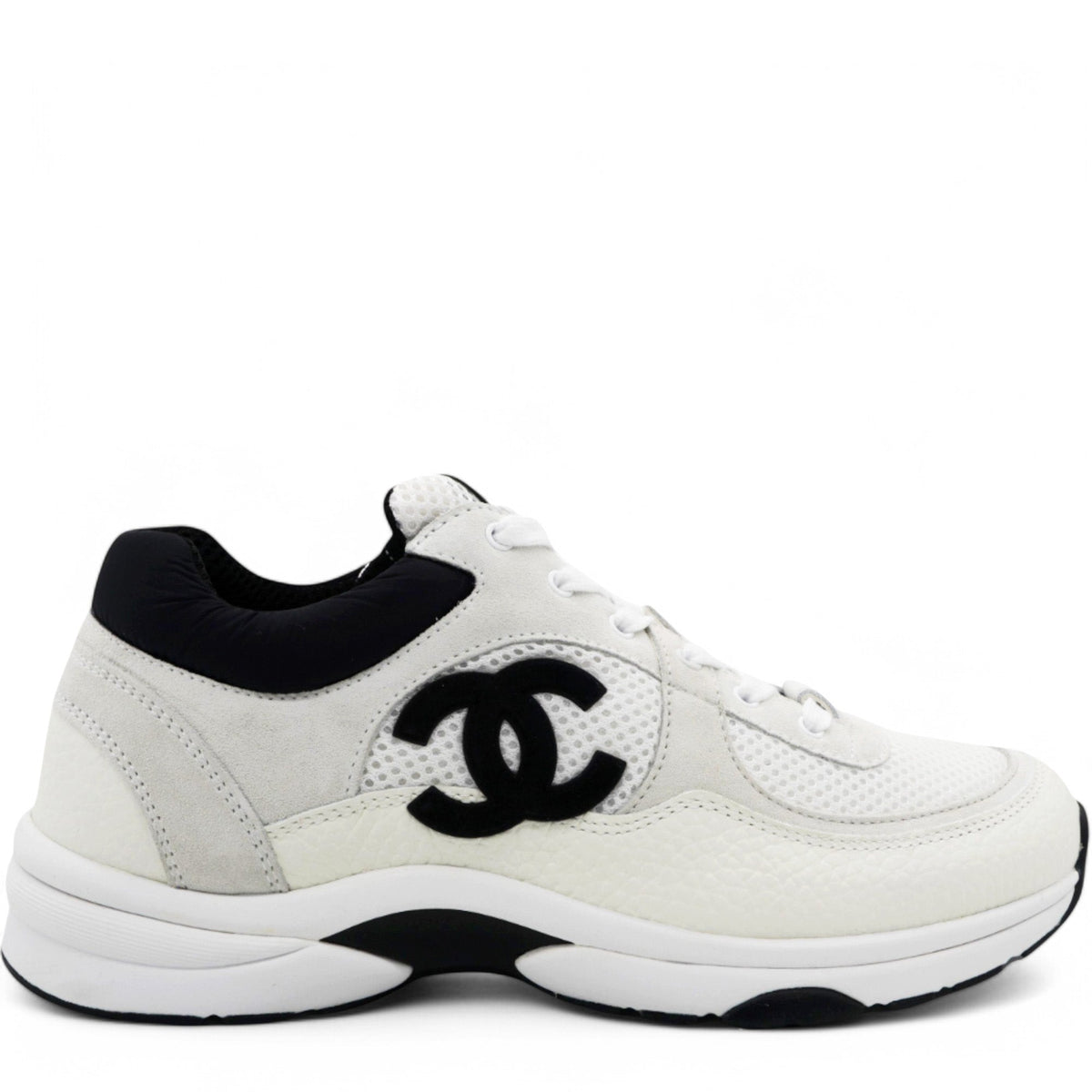 Chanel Mesh Suede Grained Womens CC Sneakers White Black Size39