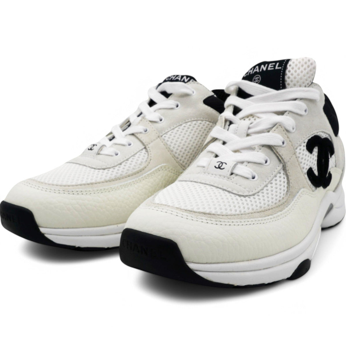 Chanel Mesh Suede Grained Womens CC Sneakers White Black Size39