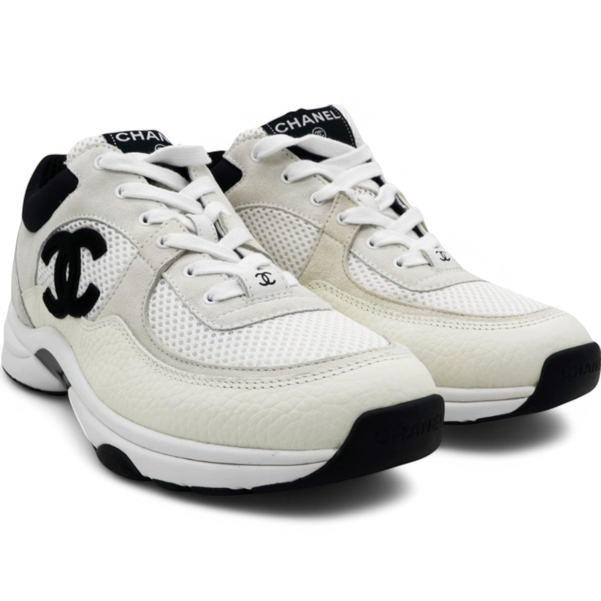 Chanel Mesh Suede Grained Womens CC Sneakers White Black Size39