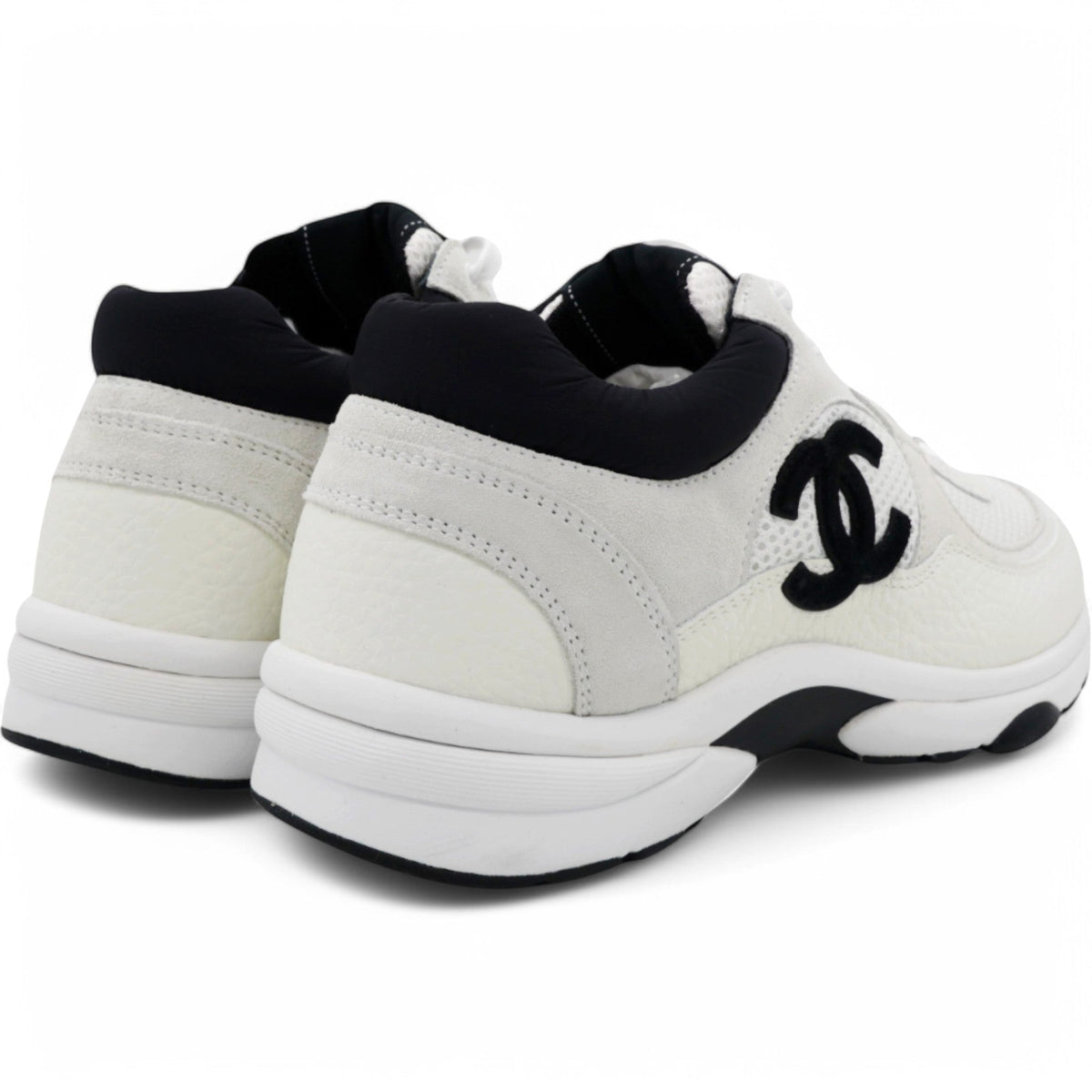 Chanel Mesh Suede Grained Womens CC Sneakers White Black Size39