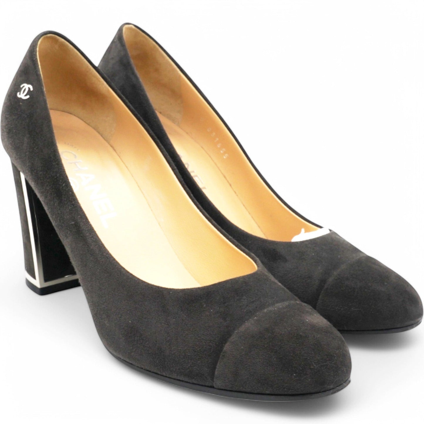 Chanel Black Suede CC Block Heel Pumps Size38