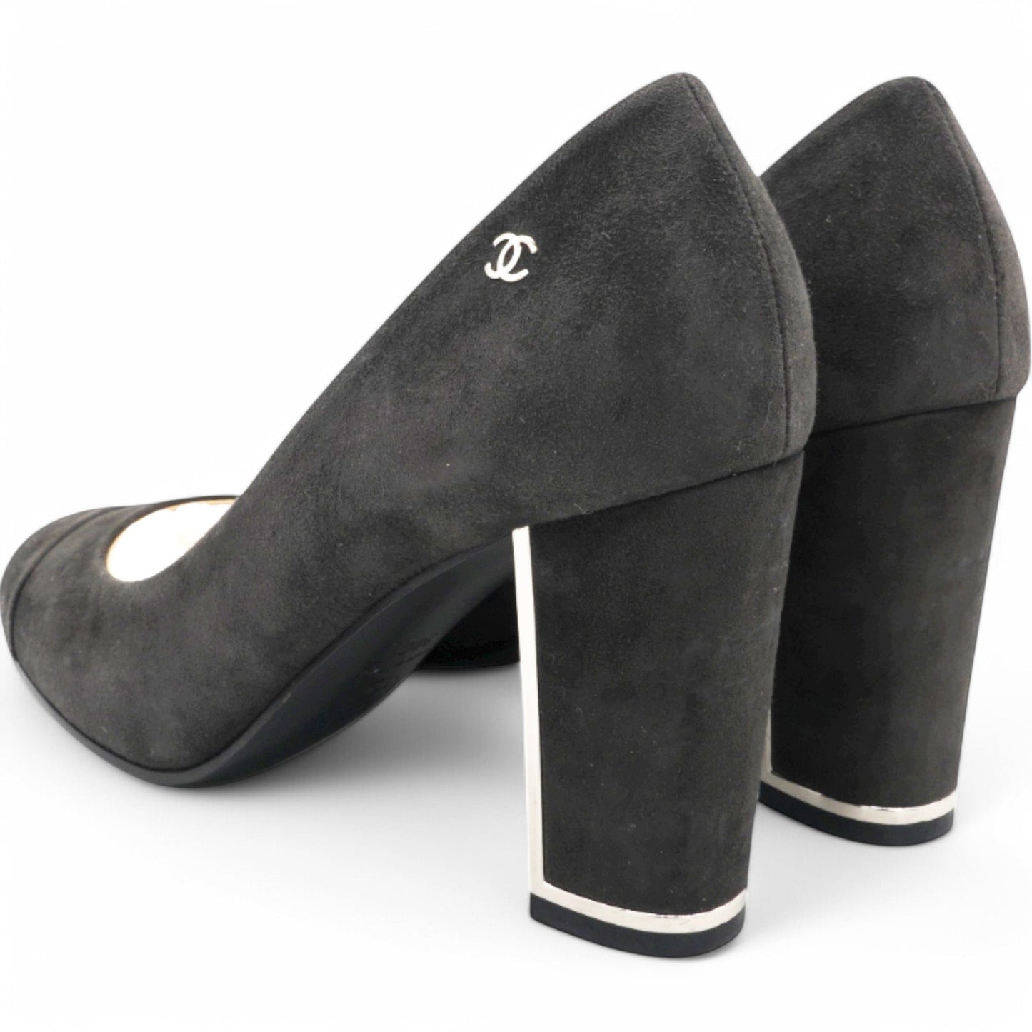 Chanel Black Suede CC Block Heel Pumps Size38