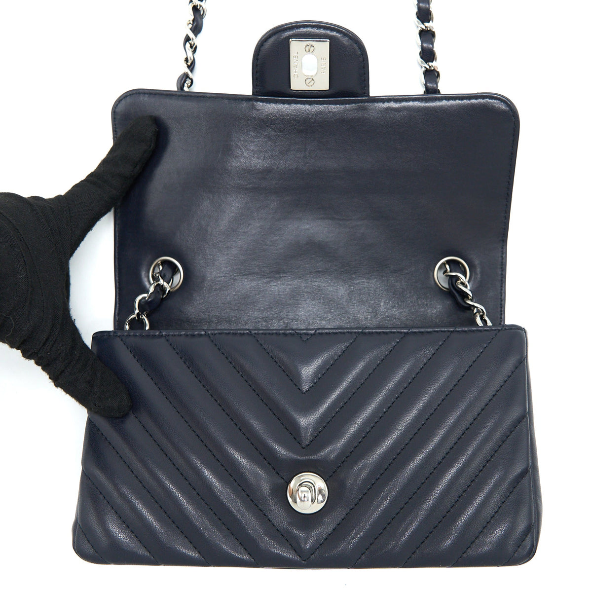 Chanel Mini Rectangular Flap Bag Chevron Lambskin Navy SHW