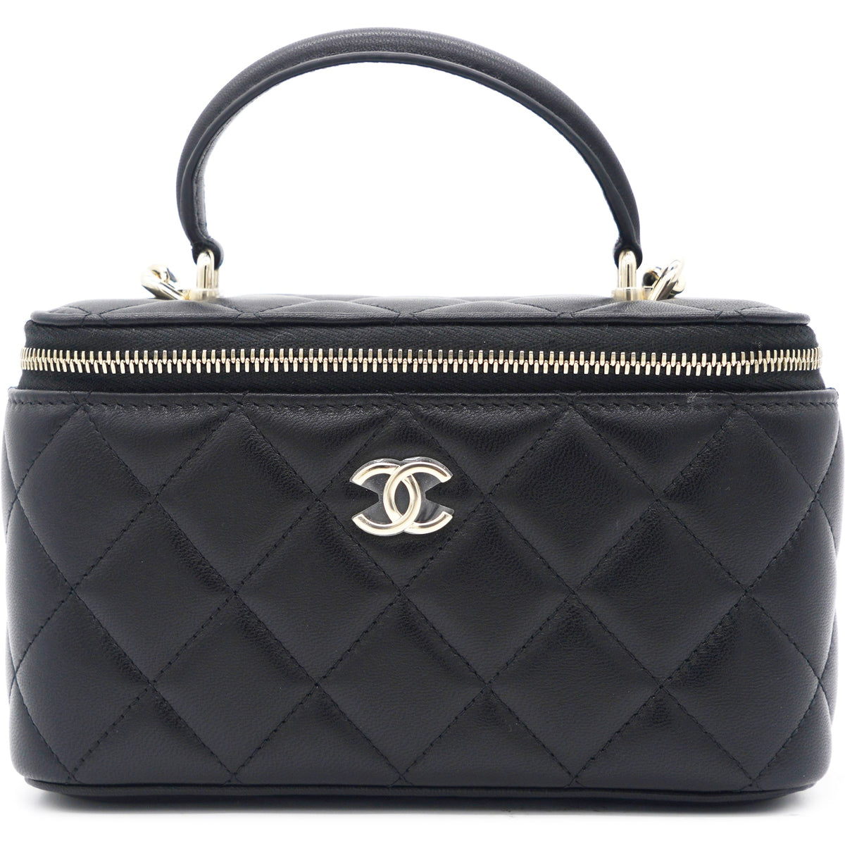 Chanel Lambskin Quilted Small Top Handle Vanity Case With Chain Black