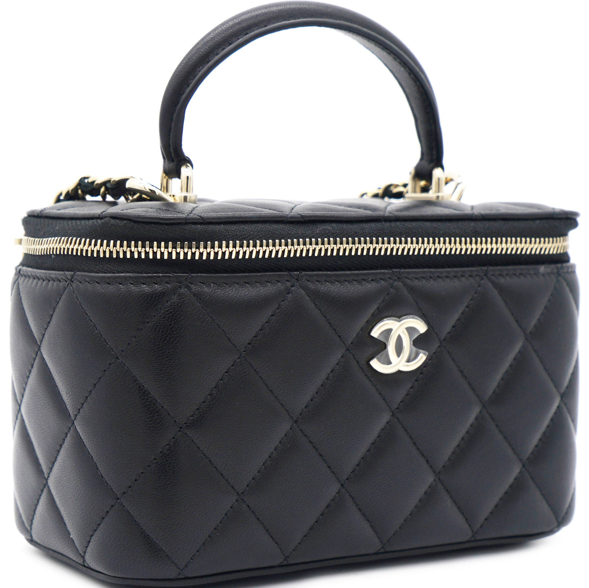Chanel Lambskin Quilted Small Top Handle Vanity Case With Chain Black