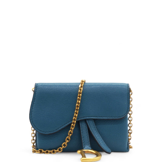 Dior Grained Calfskin Saddle Chain Wallet Pouch Denim
