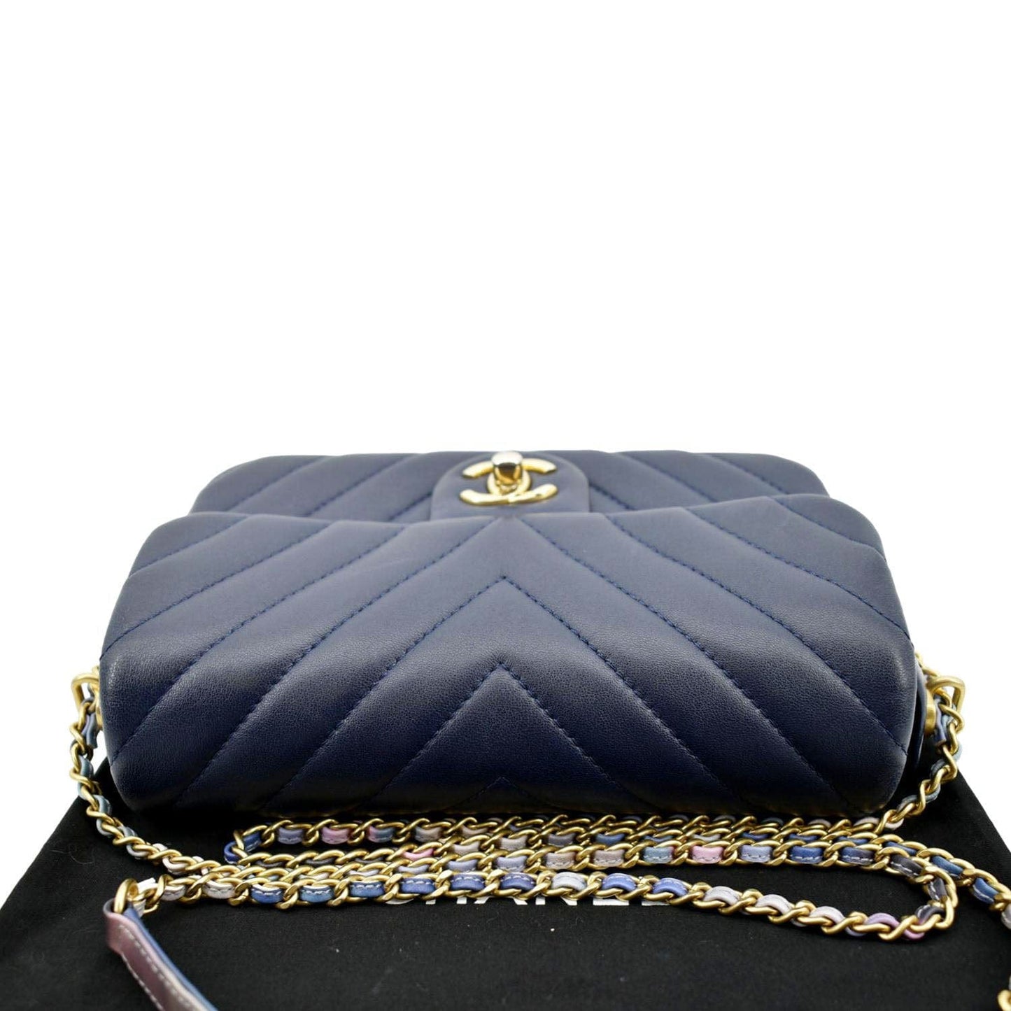 CHANEL Mini Rectangular Flap Chevron Leather Crossbody Bag Navy Blue