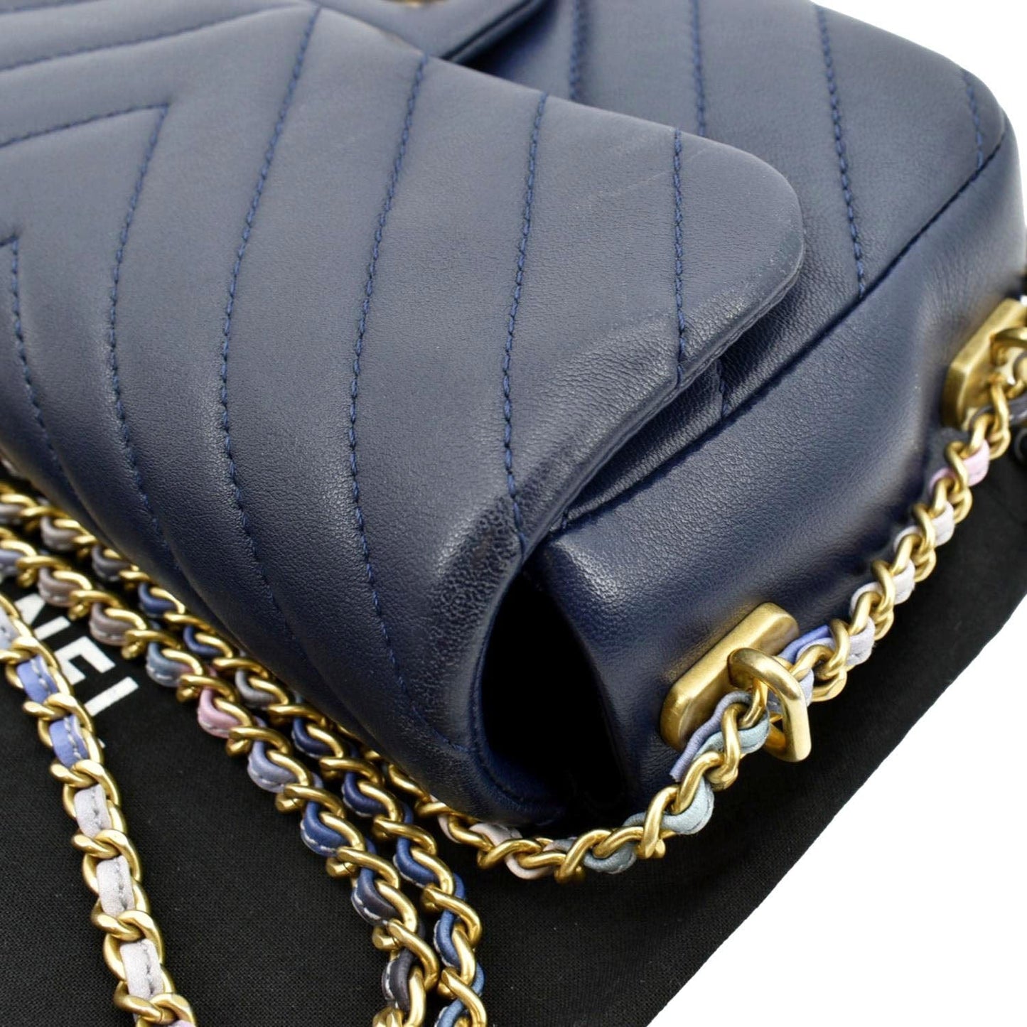 CHANEL Mini Rectangular Flap Chevron Leather Crossbody Bag Navy Blue