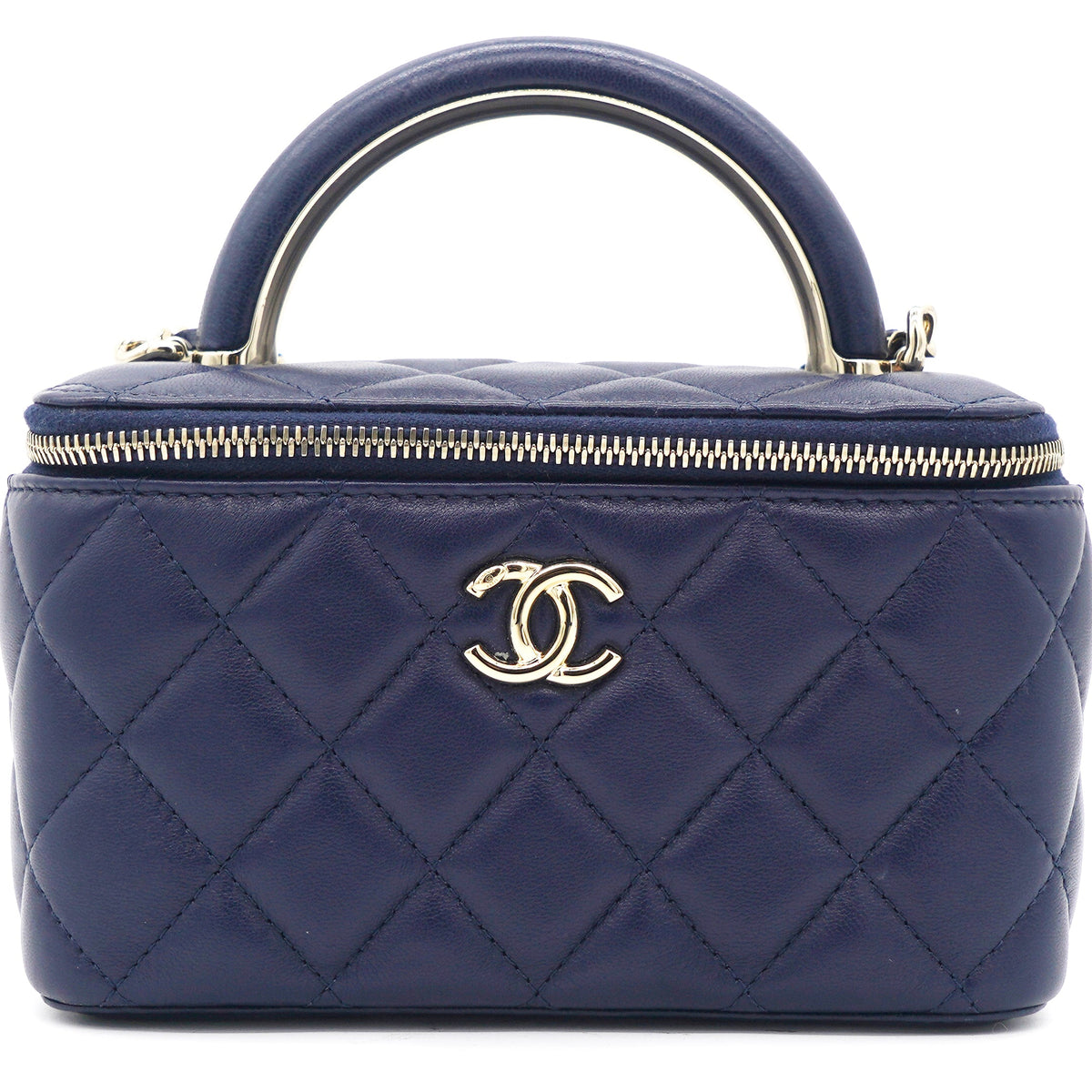 Chanel Lambskin Quilted Small Top Handle Vanity Case With Chain Navy