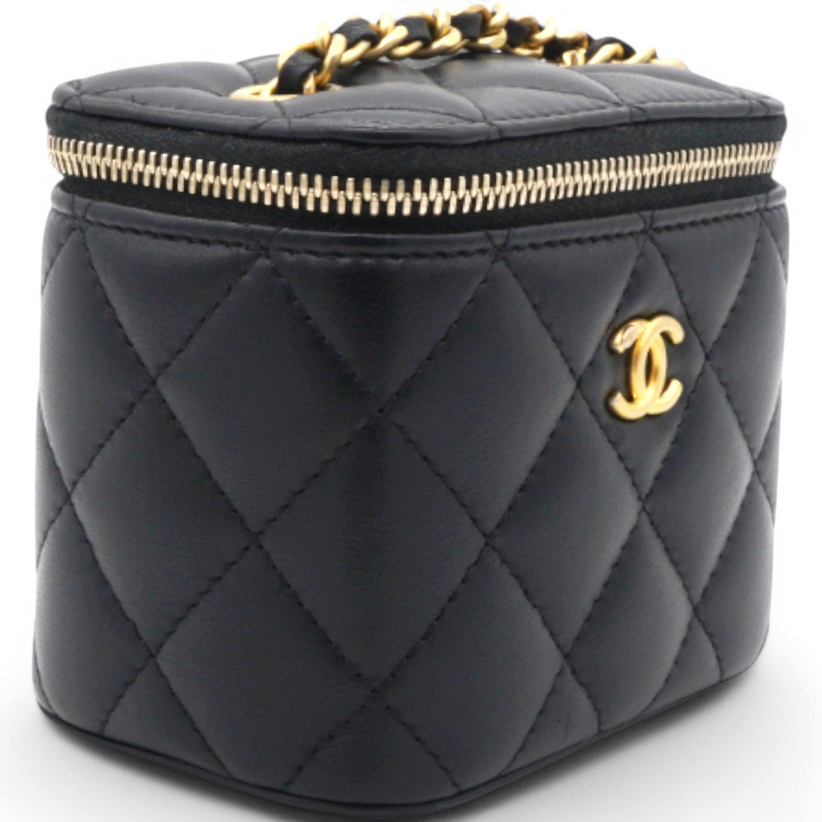 Chanel Lambskin Quilted Mini Pearl Crush Vanity Case With Chain Black