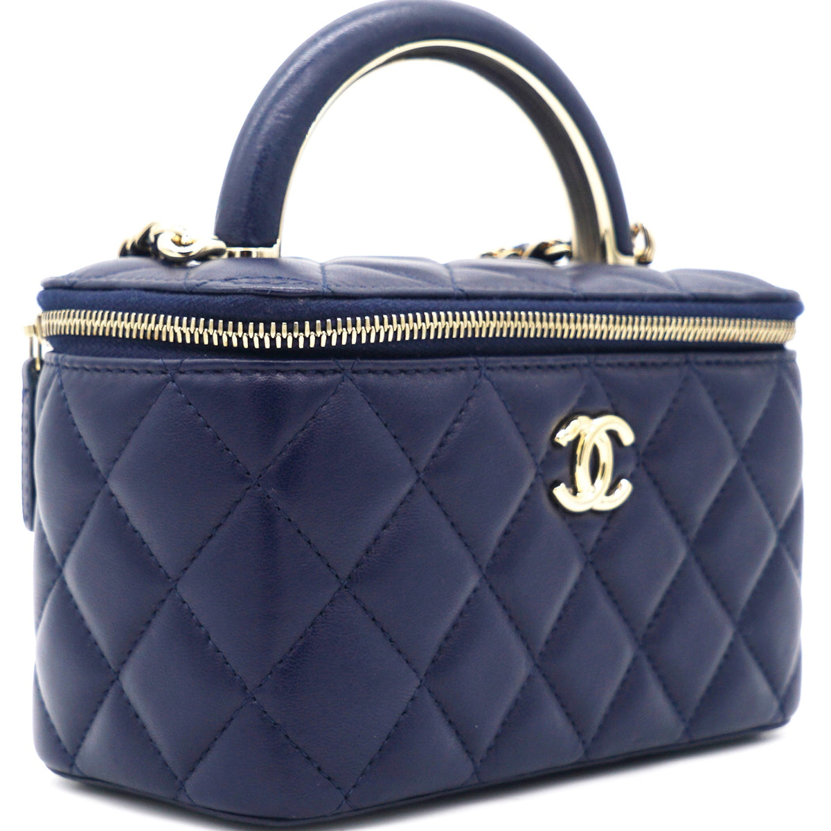 Chanel Lambskin Quilted Small Top Handle Vanity Case With Chain Navy