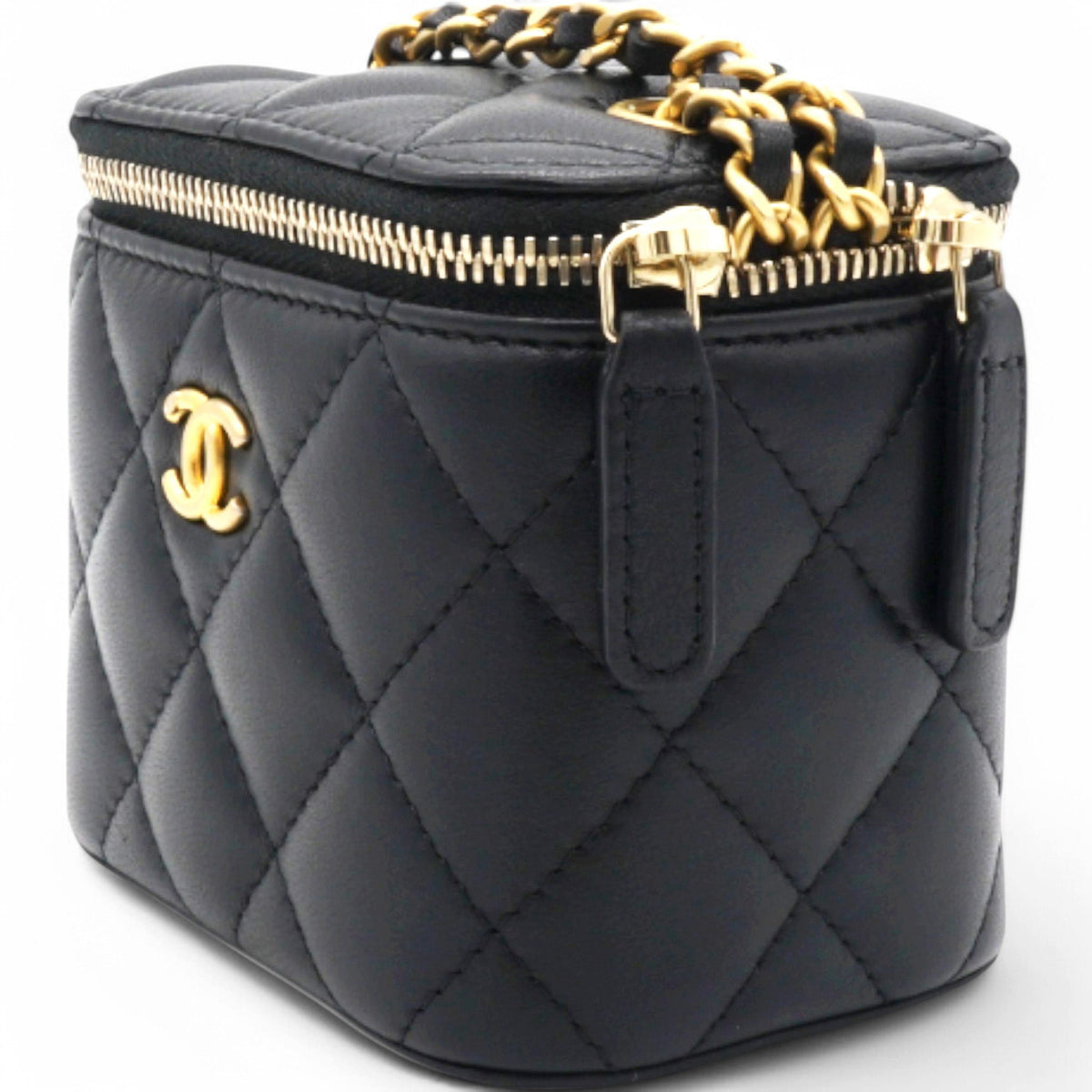 Chanel Lambskin Quilted Mini Pearl Crush Vanity Case With Chain Black