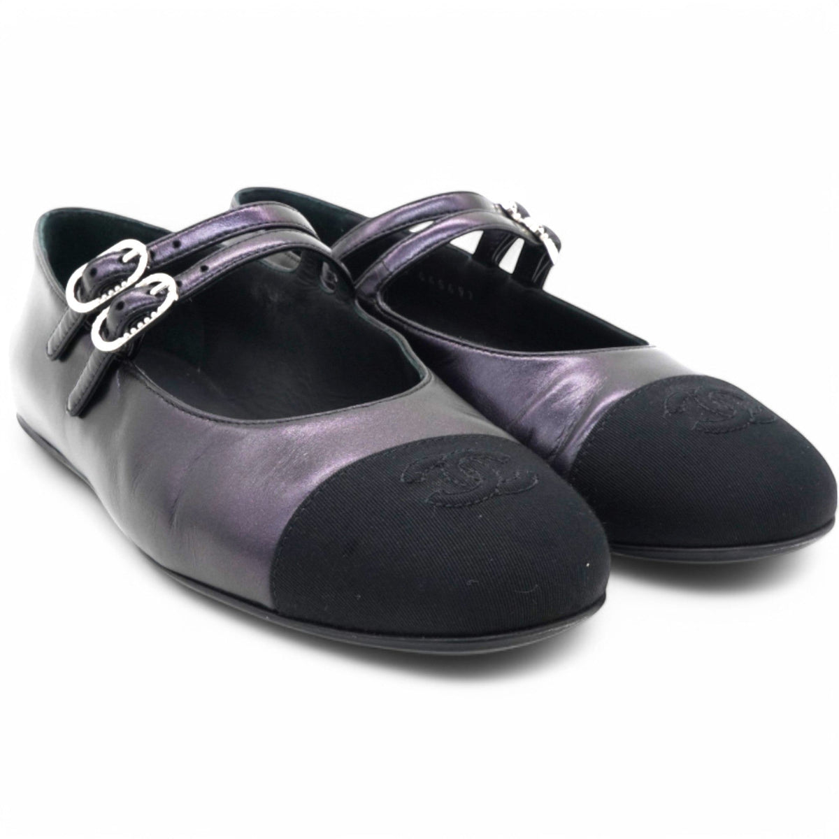 Chanel Lambskin Grosgrain Pearl Mary Jane Flats Black Size37