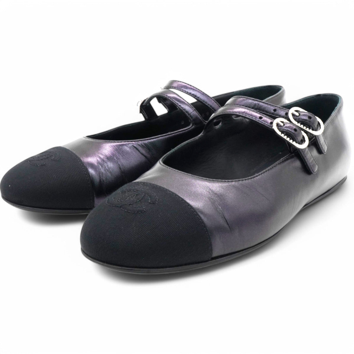 Chanel Lambskin Grosgrain Pearl Mary Jane Flats Black Size37