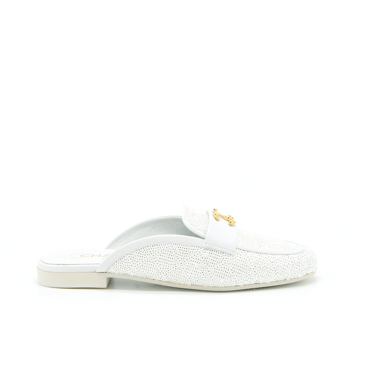Chanel Size 38 CC Logo Sequins Lambskin Mule White GHW