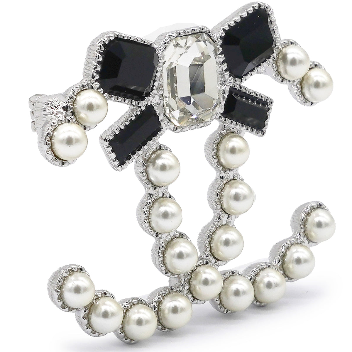 Chanel Pearl Crystal Bow CC Brooch Silver White Black