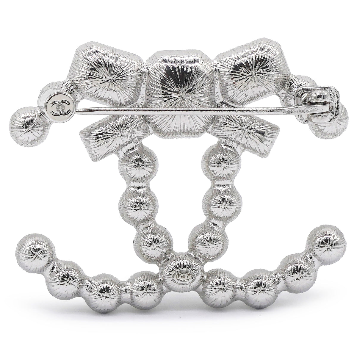 Chanel Pearl Crystal Bow CC Brooch Silver White Black