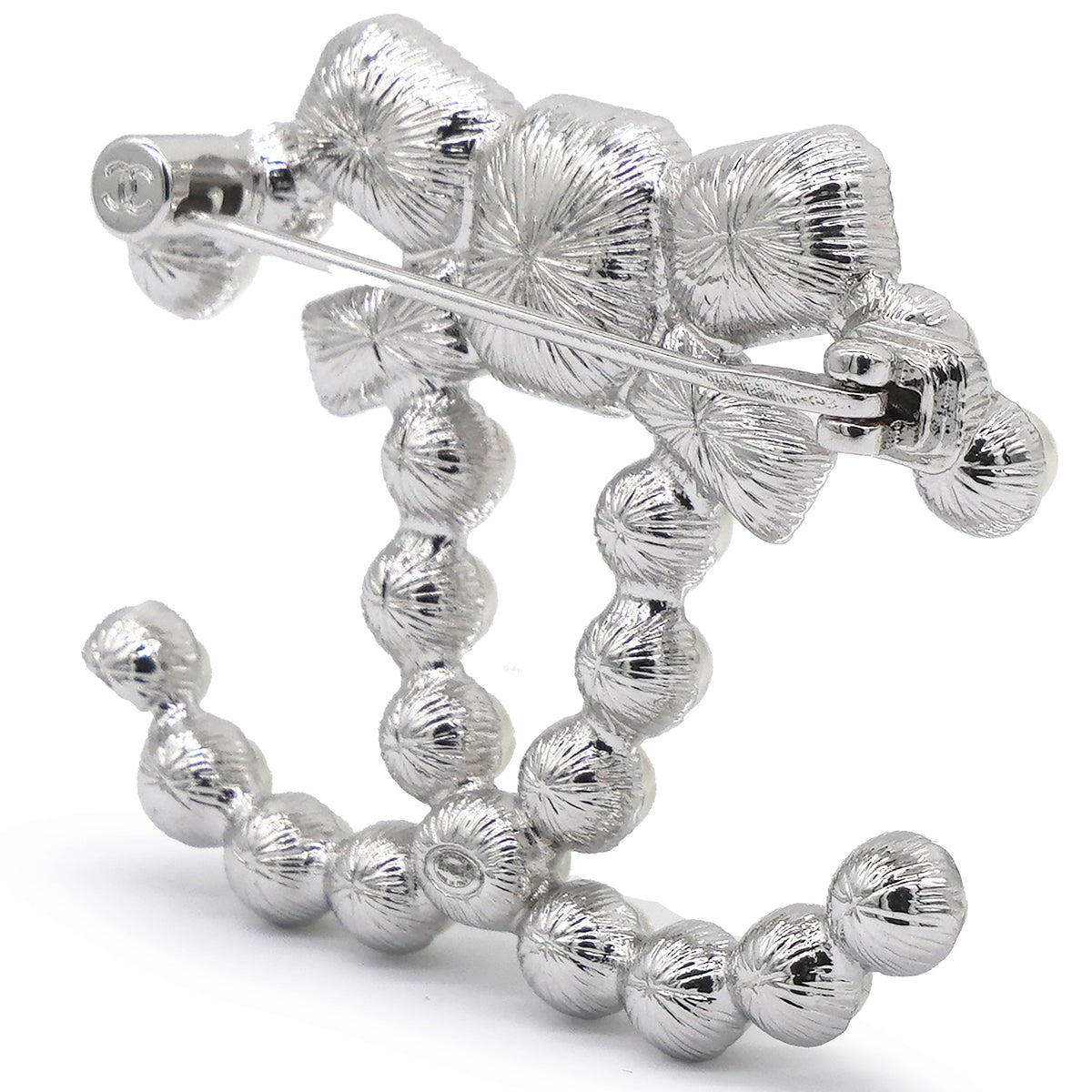 Chanel Pearl Crystal Bow CC Brooch Silver White Black