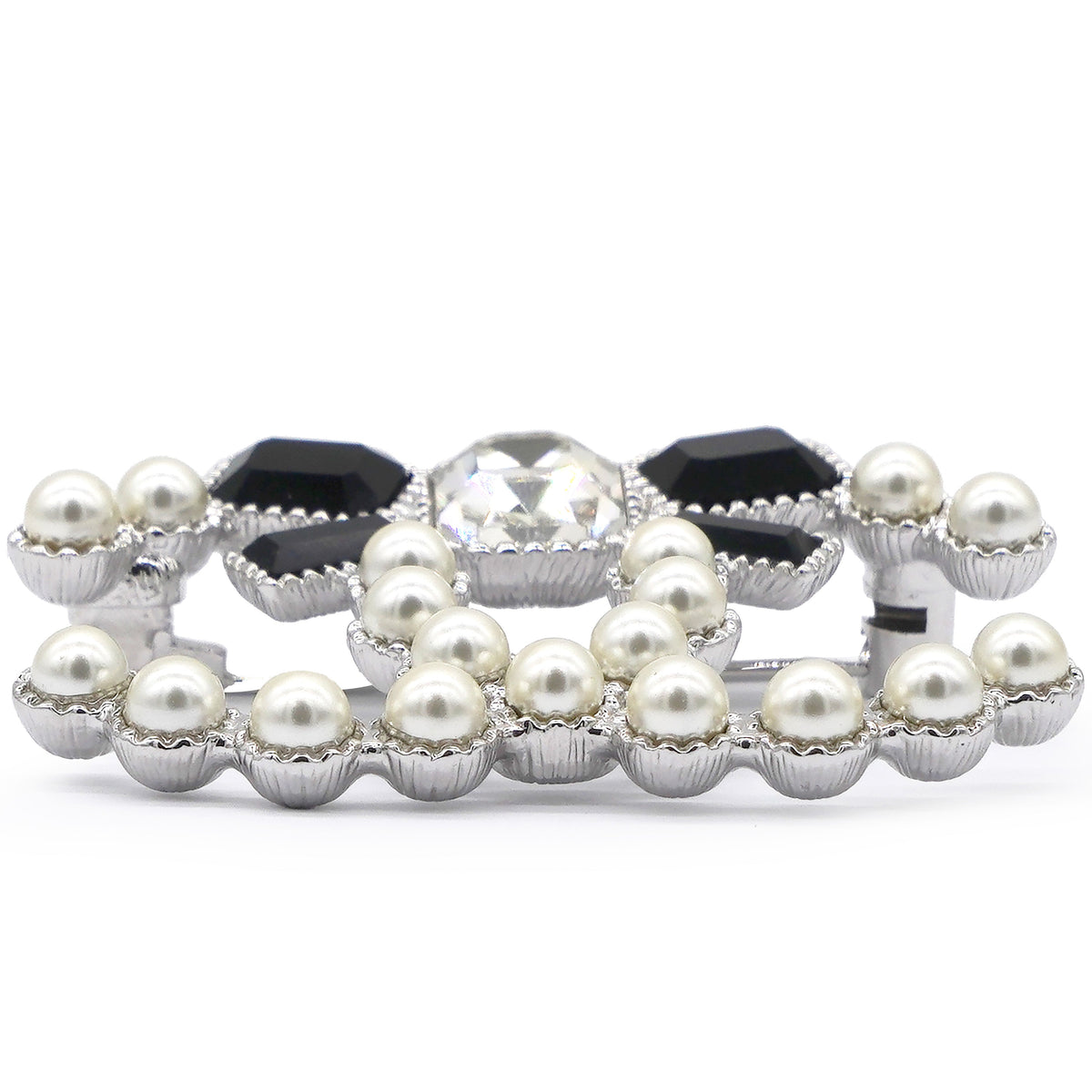 Chanel Pearl Crystal Bow CC Brooch Silver White Black