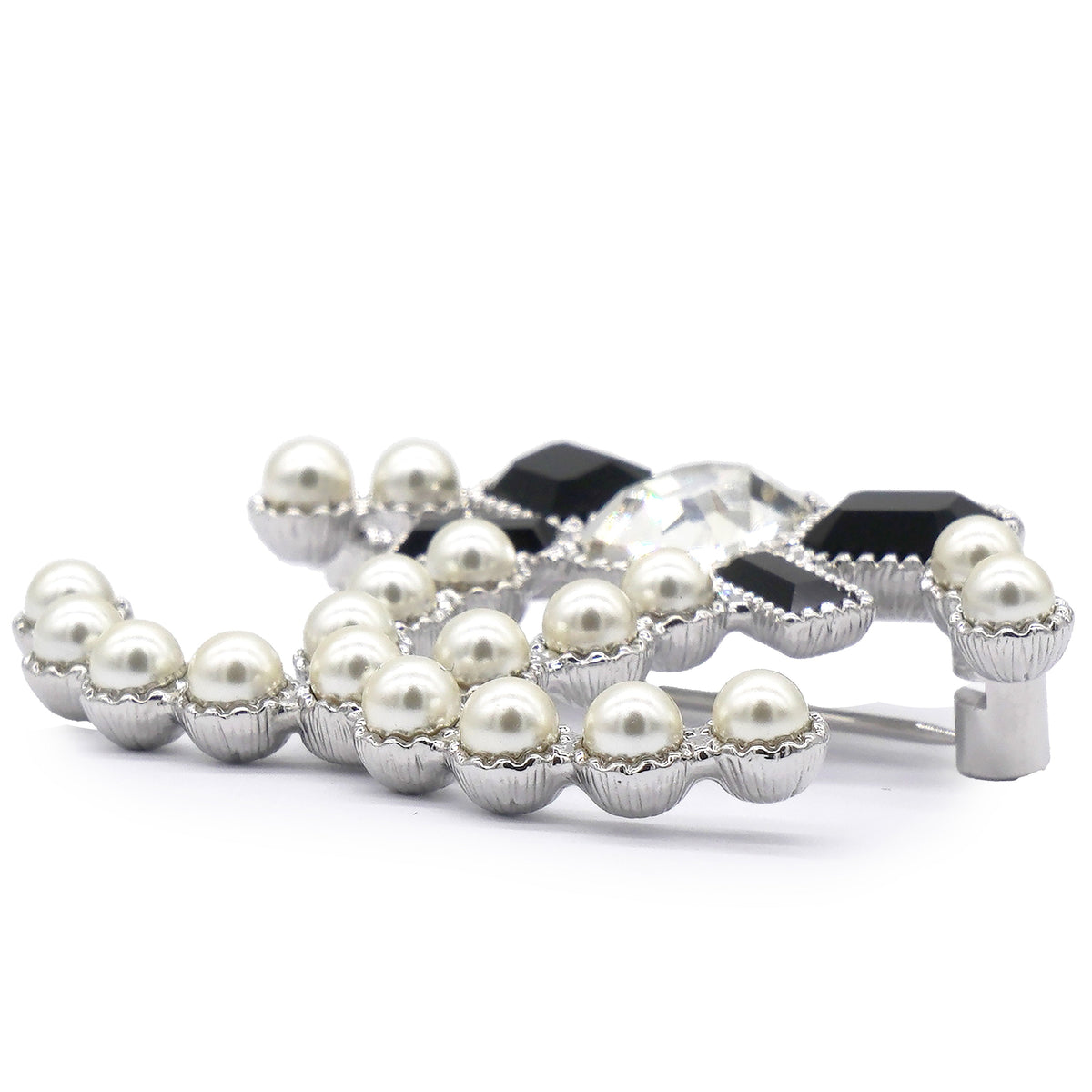Chanel Pearl Crystal Bow CC Brooch Silver White Black