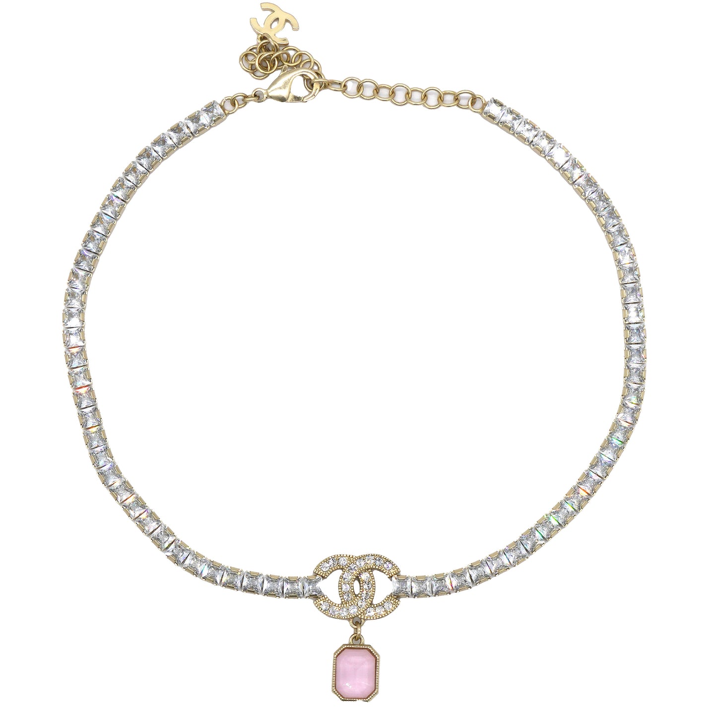 Chanel Crystal Pin Necklace Gold Pink
