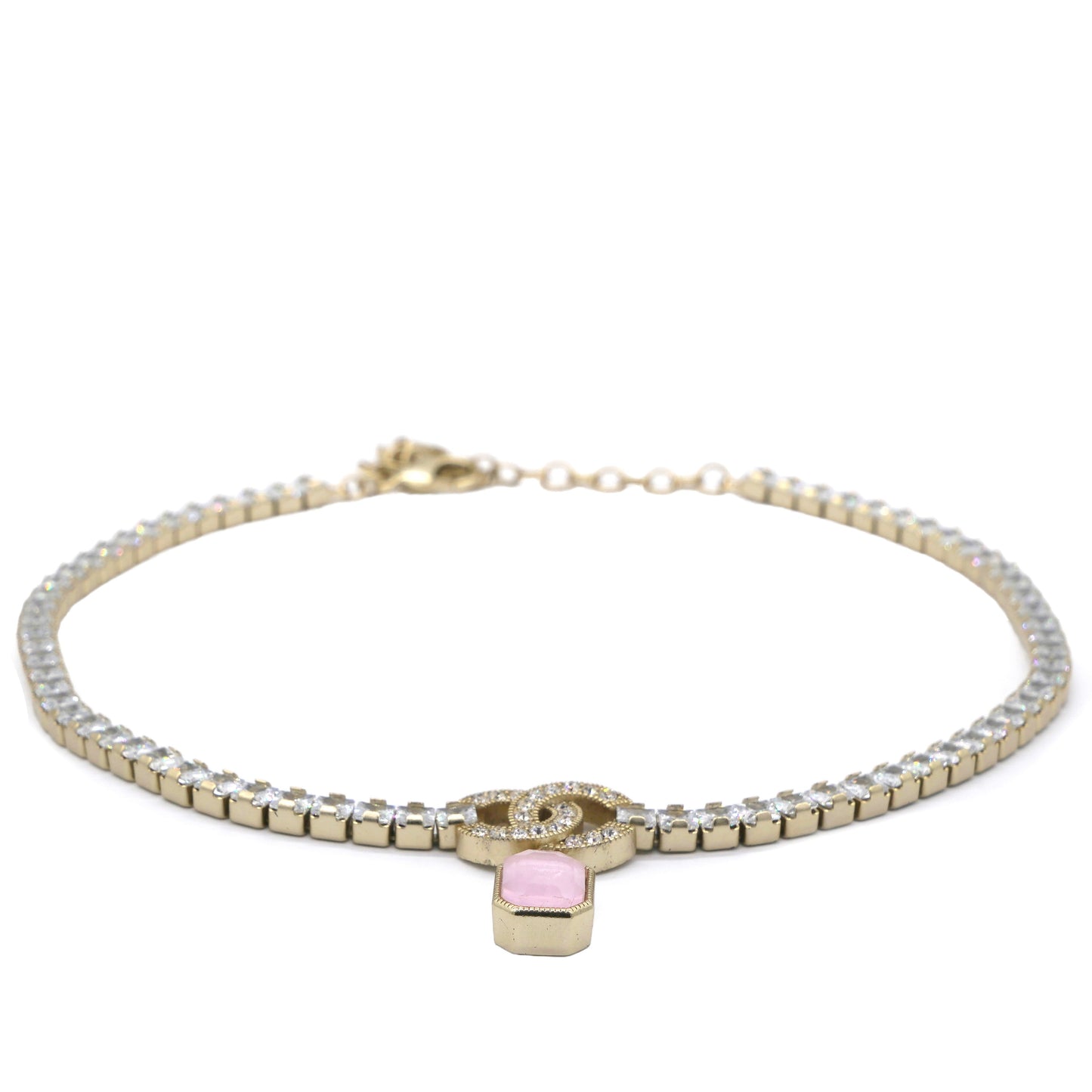 Chanel Crystal Pin Necklace Gold Pink