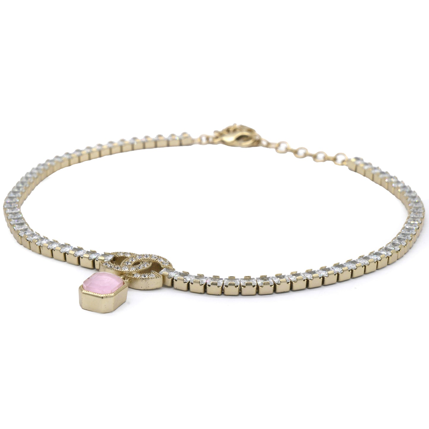 Chanel Crystal Pin Necklace Gold Pink