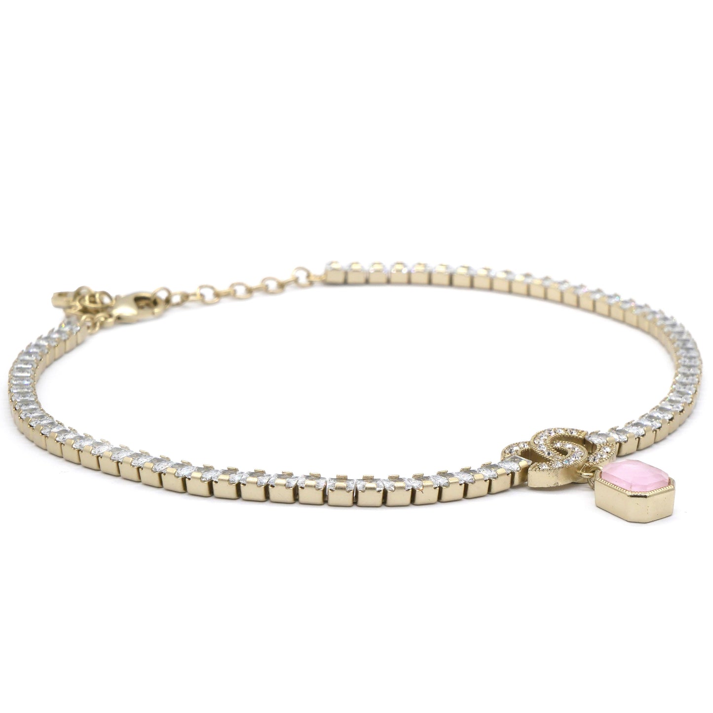Chanel Crystal Pin Necklace Gold Pink