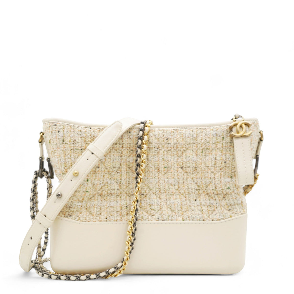 Chanel Tweed Calfskin Quilted Medium Gabrielle Hobo White