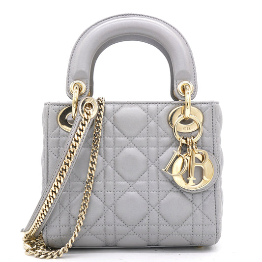 Dior Pearl Grey Cannage Leather Mini Lady Dior Tote