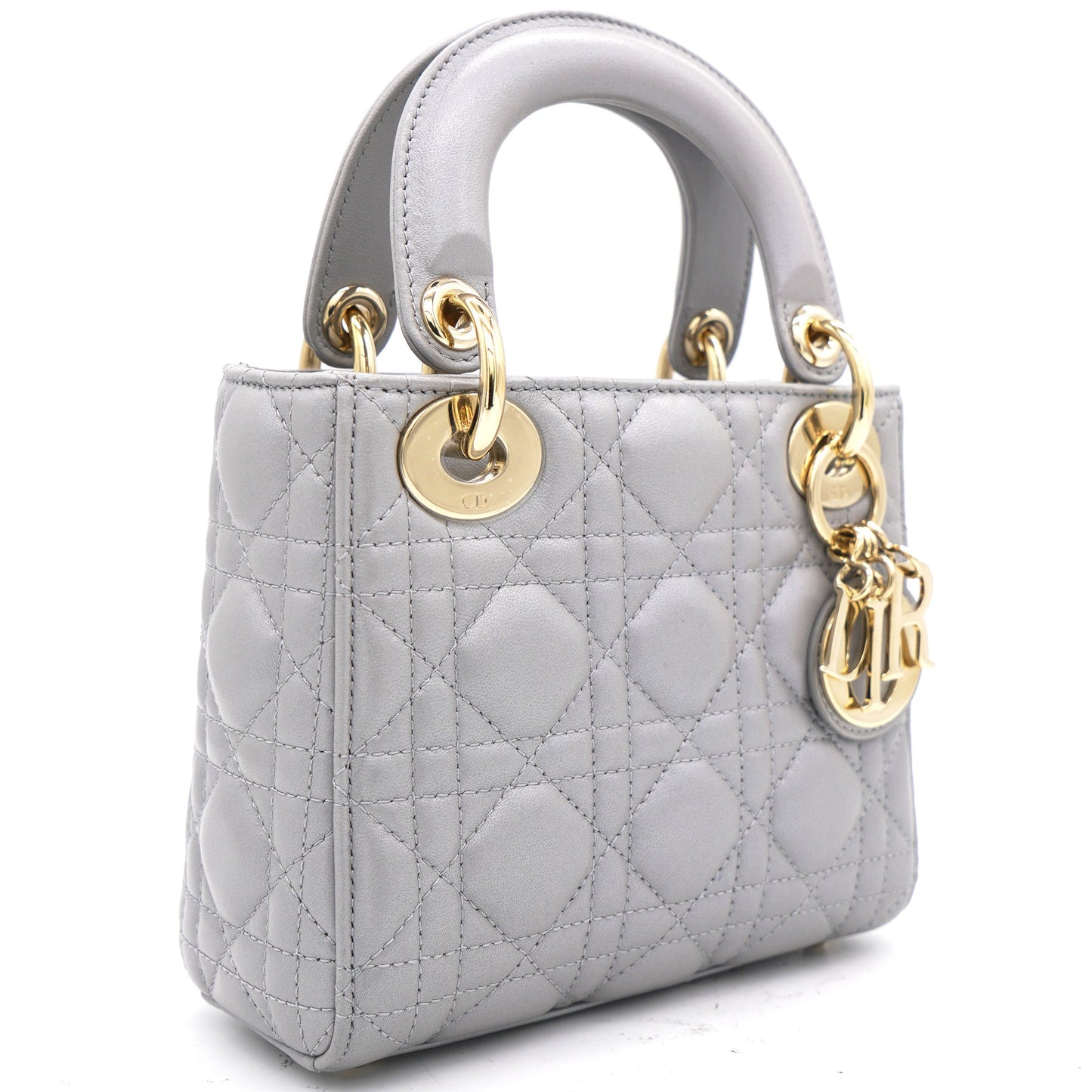 Dior Pearl Grey Cannage Leather Mini Lady Dior Tote