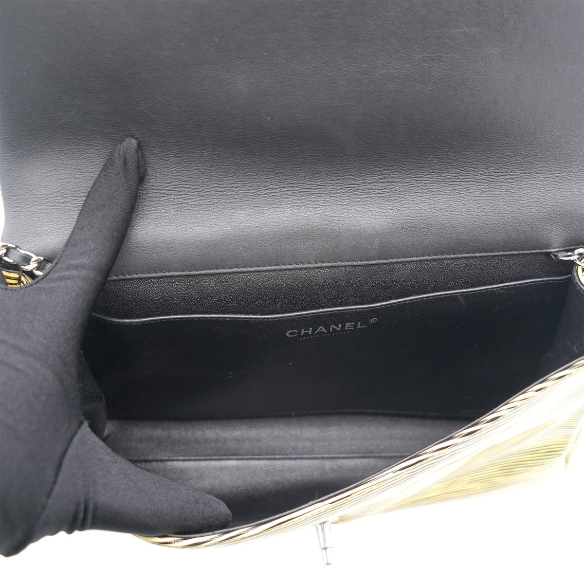 Chanel Patent Calfskin Striped Single Flap Bag