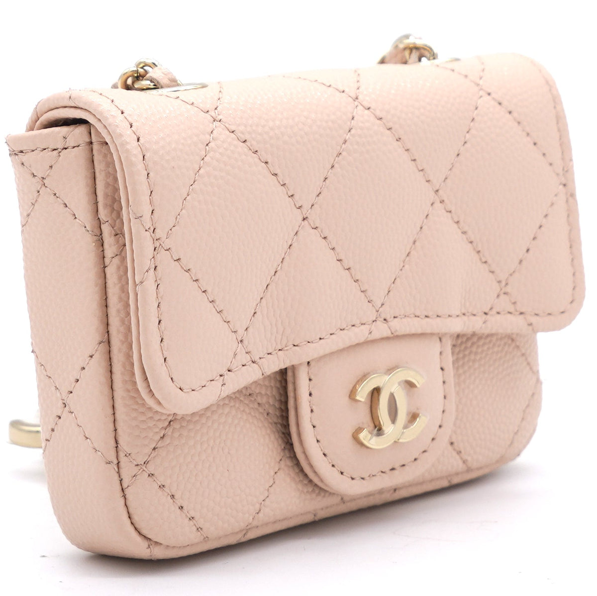 Chanel Pink Beige Quilted Caviar Leather Flap Card Holder with Belt Chain