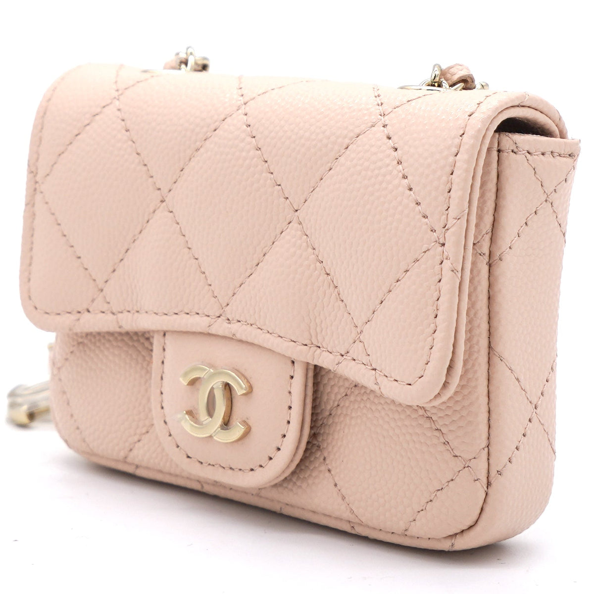 Chanel Pink Beige Quilted Caviar Leather Flap Card Holder with Belt Chain