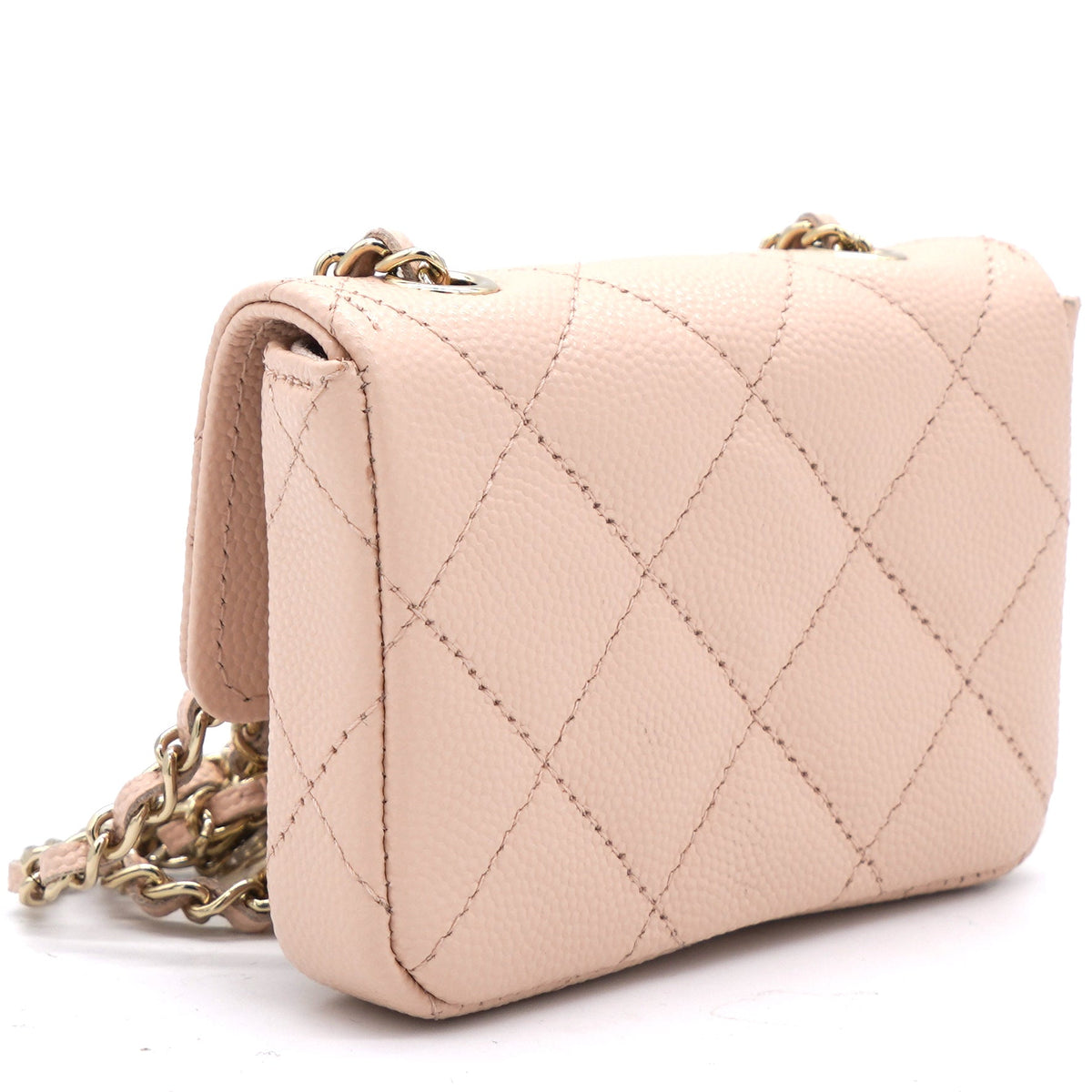 Chanel Pink Beige Quilted Caviar Leather Flap Card Holder with Belt Chain